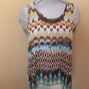 Status Beaded Front Abstract Print Semi Sheer Top